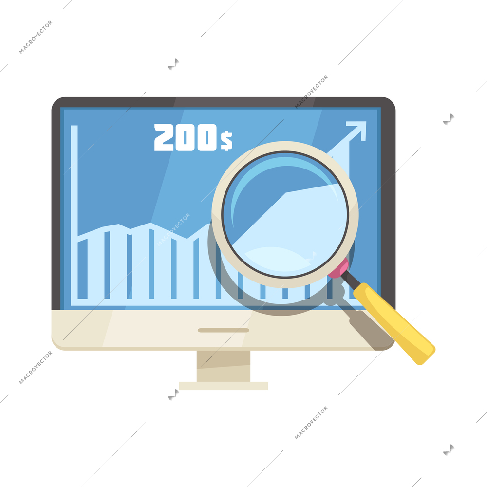 Online mobile bank composition with isolated image of desktop computer with magnifying glass vector illustration