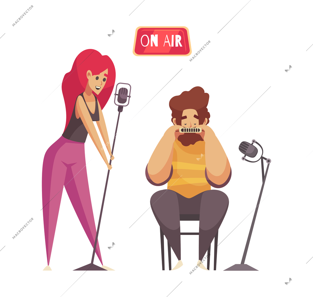 Radio studio recording composition with characters of female singer and male musician broadcasting live vector illustration