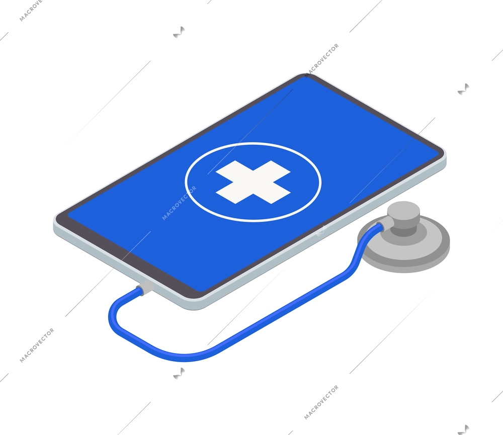 Telemedicine digital health isometric composition with image of smartphone with stethoscope tube vector illustration