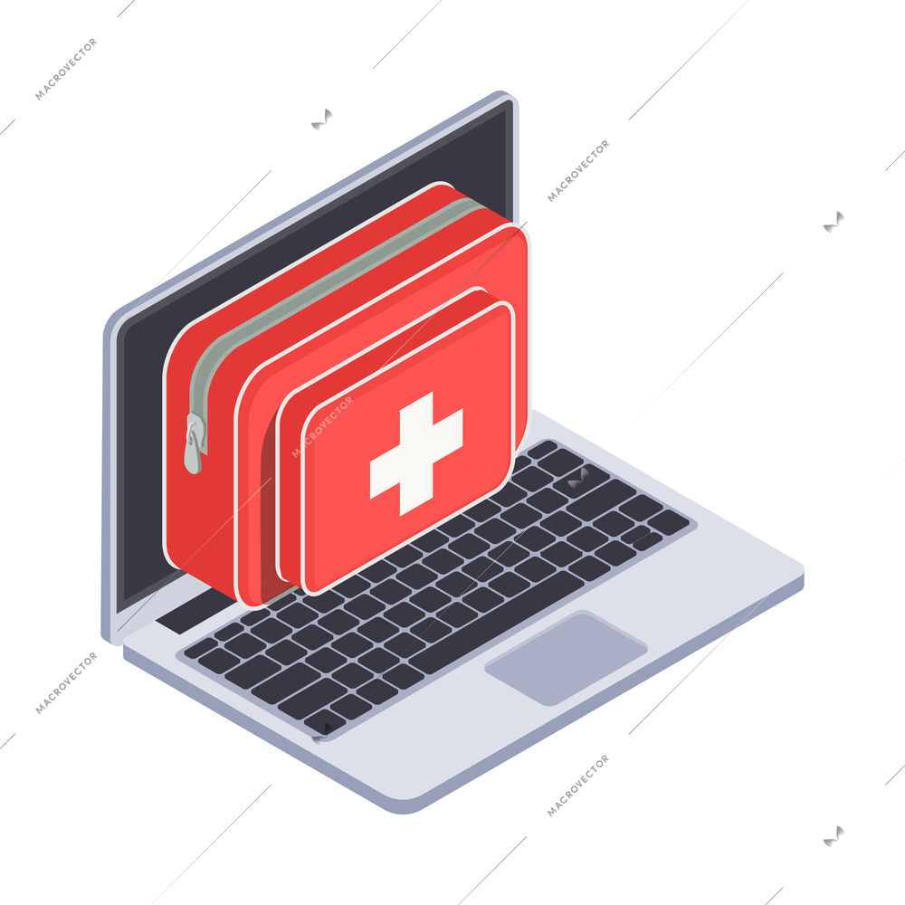 Telemedicine digital health isometric composition with images of laptop and red first aid box vector illustration