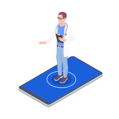 Telemedicine digital health isometric composition with male character of doctor standing on top of smartphone vector illustration