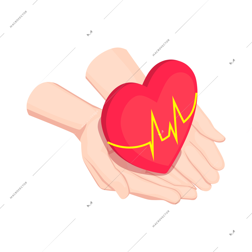 Telemedicine digital health isometric composition with human hands holding heart icon with cardiogram line vector illustration