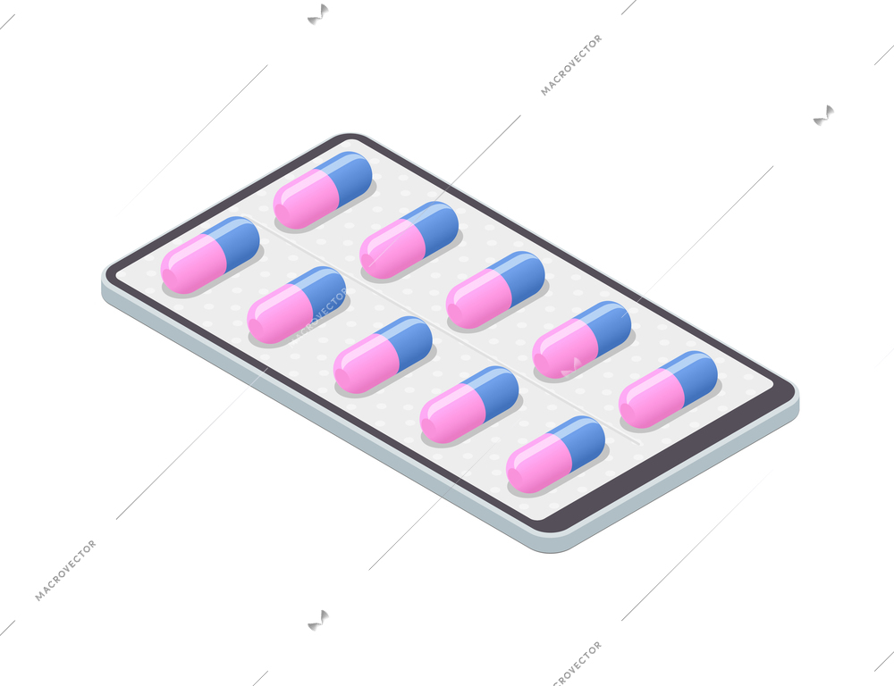 Telemedicine digital health isometric composition with image of pills in blister on top of smartphone screen vector illustration
