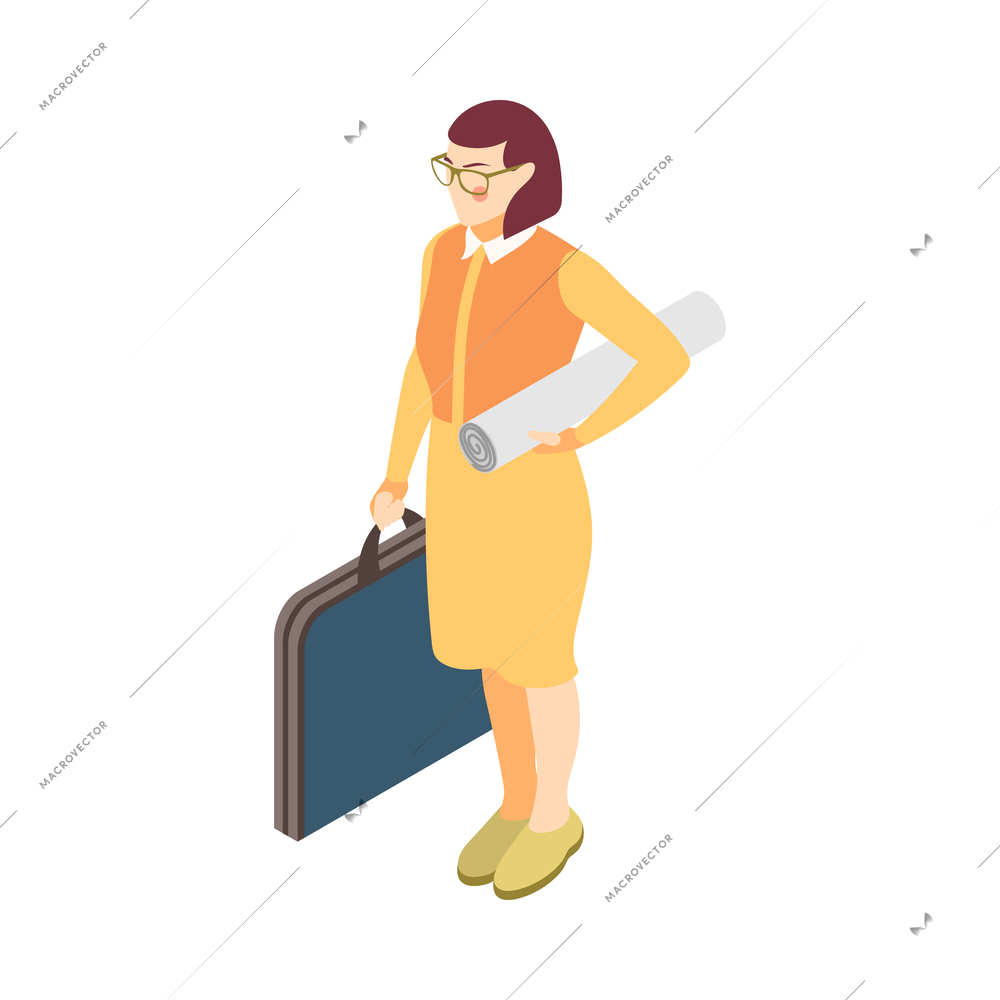 Architects and construction engineers isometric composition with female chatacter holding folder and rolled paper vector illustration
