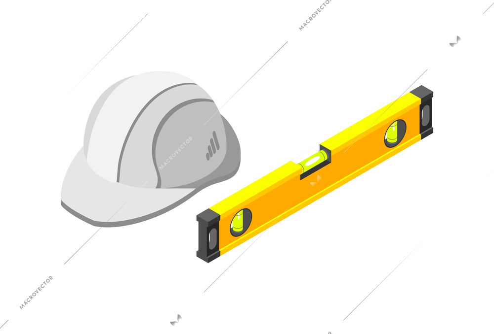 Architects and construction engineers isometric composition with isolated images of hard hat and level vector illustration