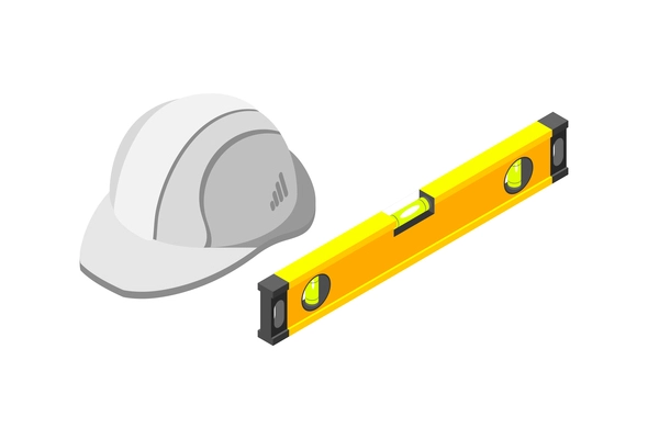 Architects and construction engineers isometric composition with isolated images of hard hat and level vector illustration