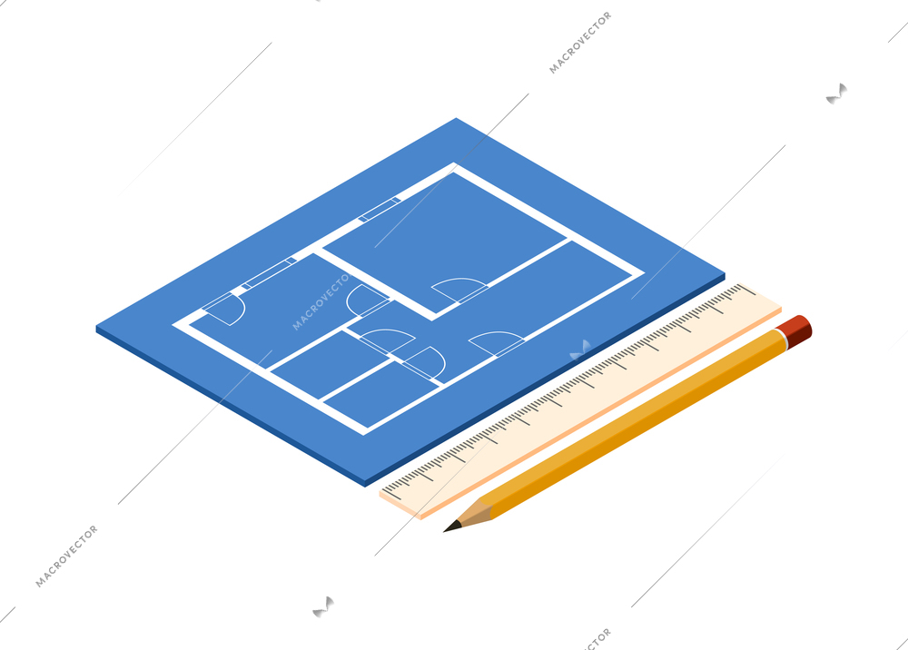 Architects and construction engineers isometric composition with image of construction plan with ruler and pencil vector illustration