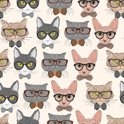 Seamless hipster cats pattern background vector illustration