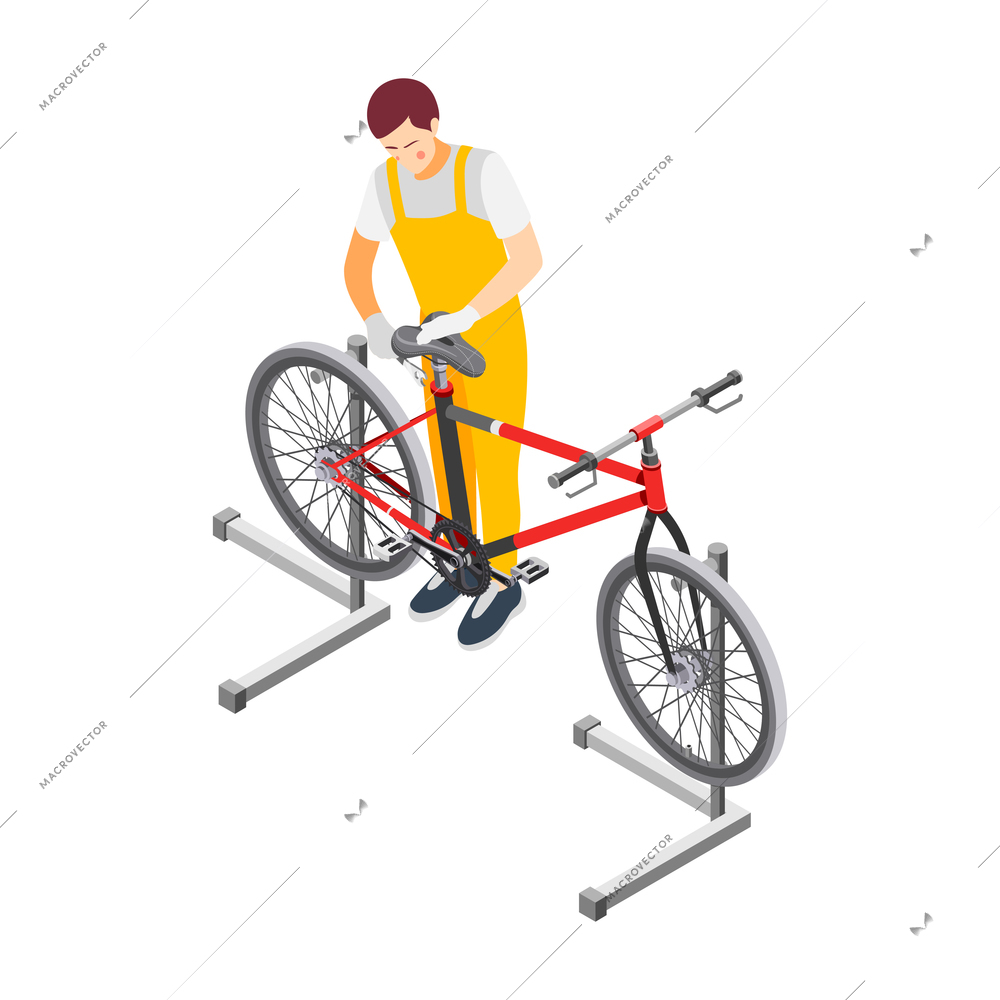 Bicycle service isometric composition with view of male repairman at work vector illustration