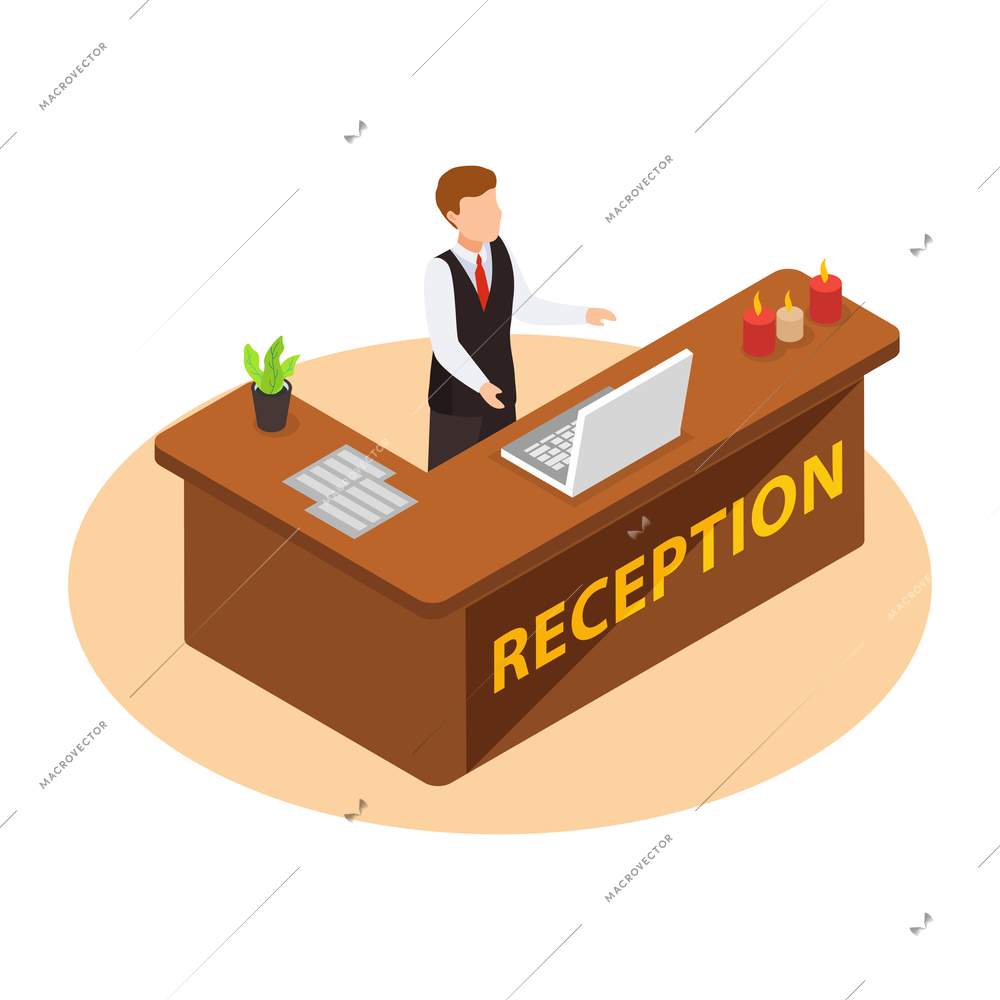 Sea cruise isometric composition with view of hotel reception with worker in smart suit and laptop vector illustration