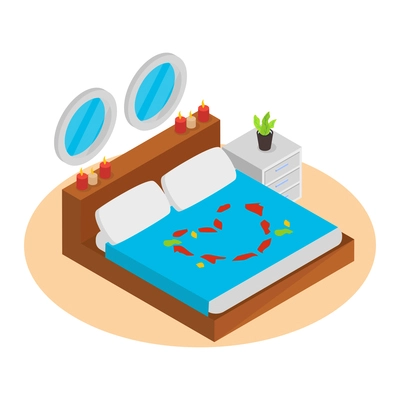 Sea cruise isometric composition with view of hotel room with round illuminator windows and queen bed vector illustration