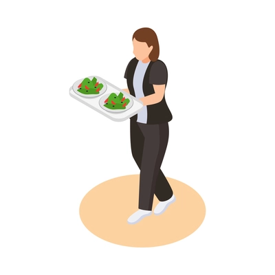 Sea cruise isometric composition with character of walking woman carrying tray with served meal vector illustration