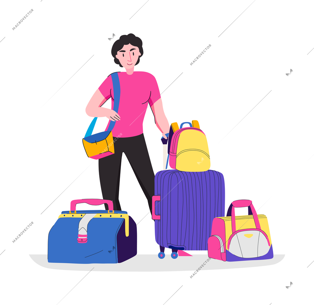 Hand luggage travel bags baggage composition with doodle character of woman surrounded by suitcases vector illustration