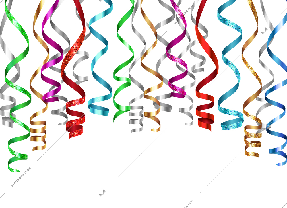 Curled ribbons serpentine realistic composition with isolated images of shiny festive decorations vector illustration