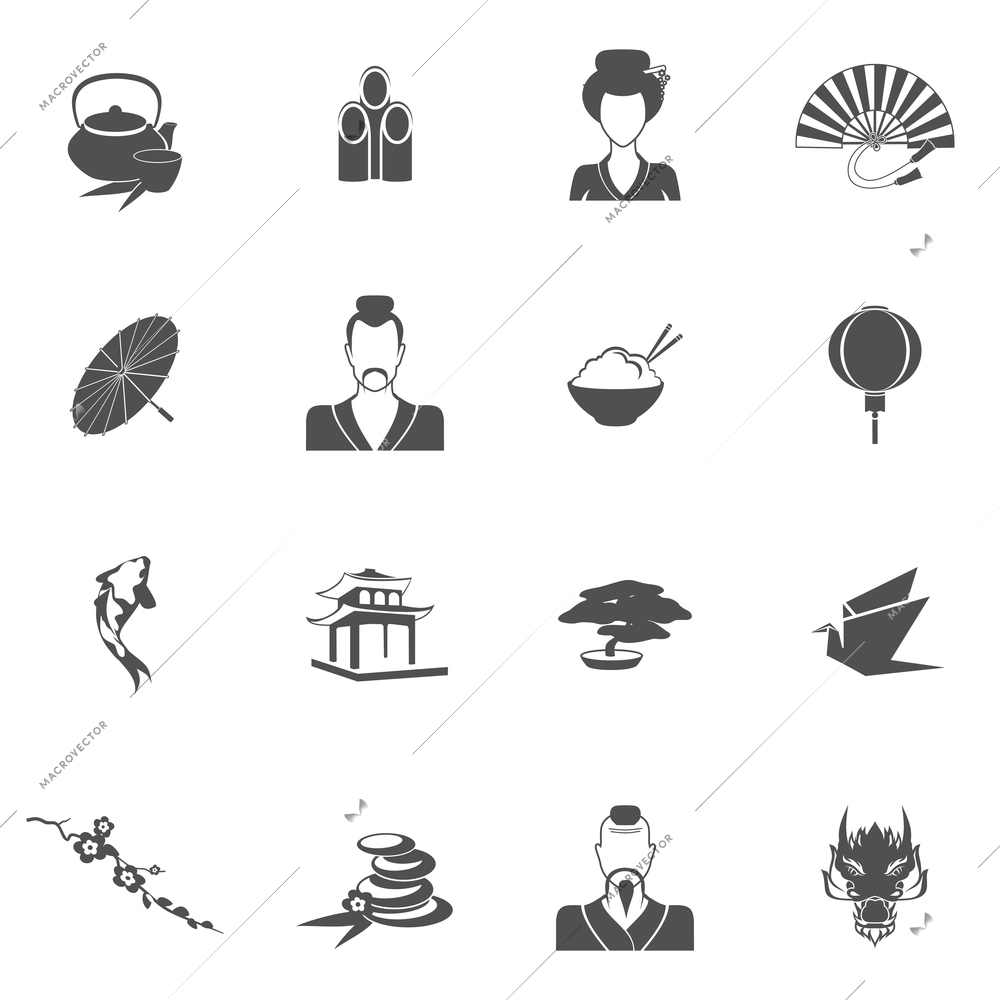 Japan icons black set with bonsai tree samurai pagoda isolated vector illustration