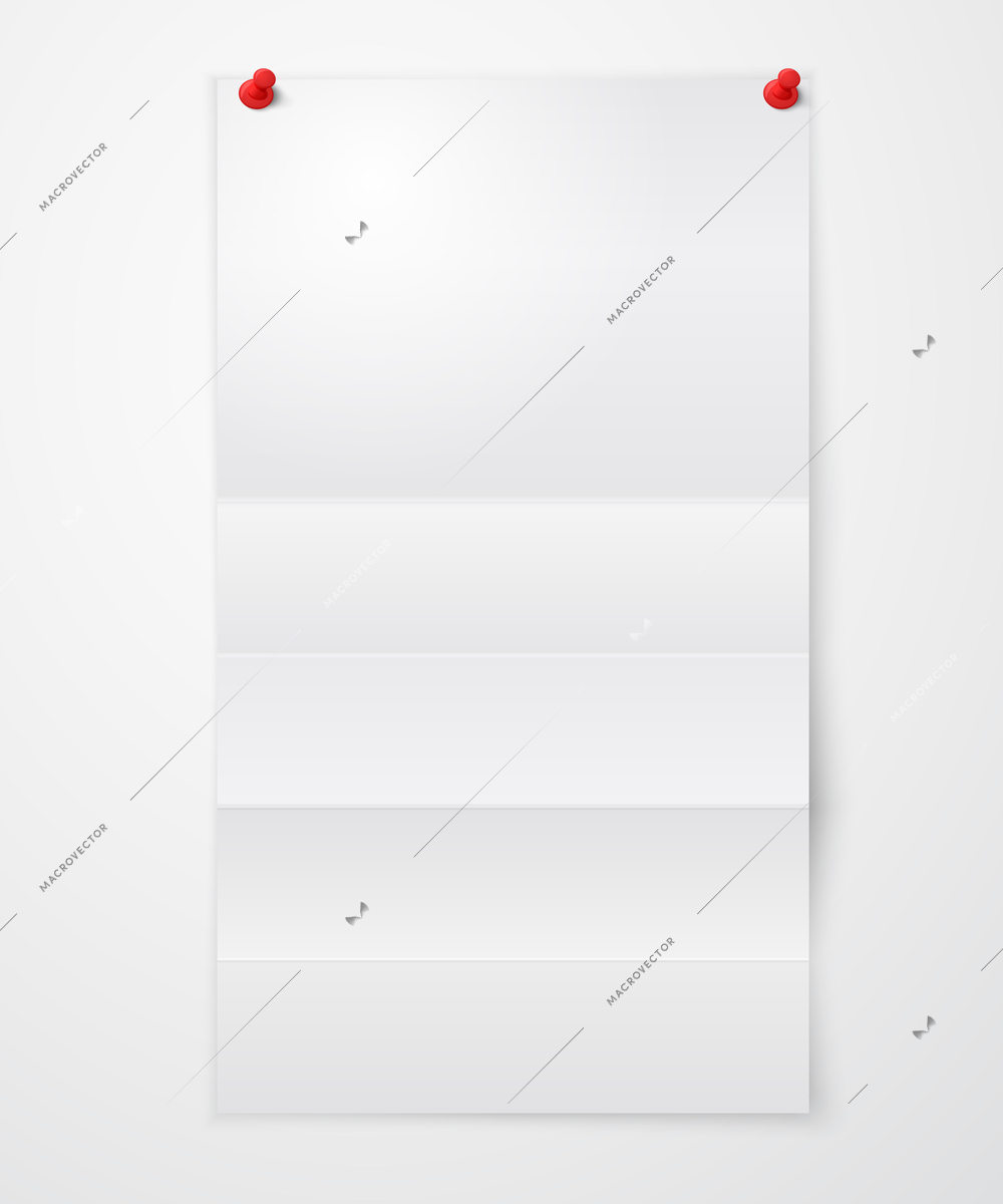 Folded blank paper sheet with colored pushpins isolated on white background vector illustration