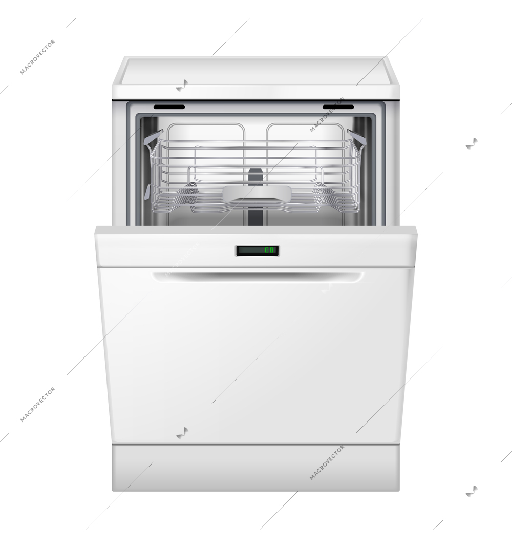 Dishwasher machine realistic composition with isolated view of dish washing apparatus half closed lid vector illustration