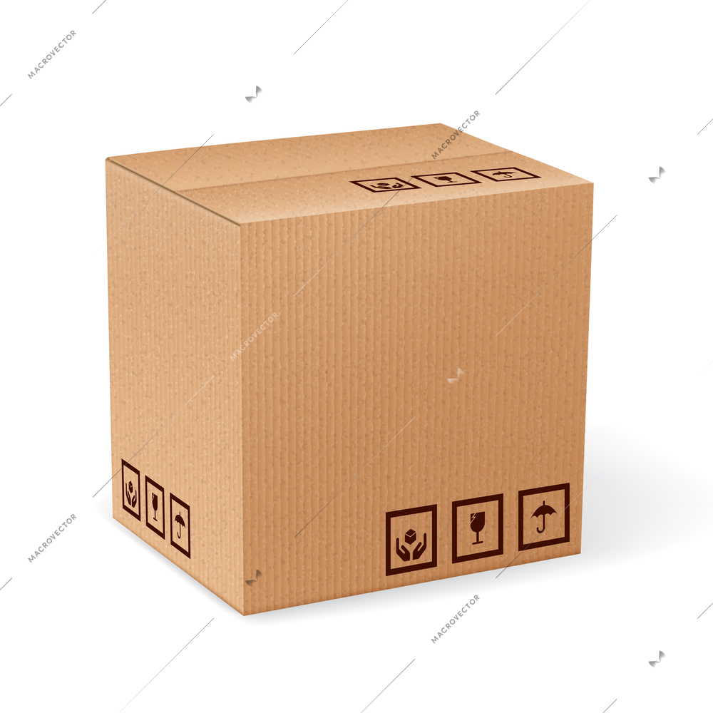 Brown closed carton delivery packaging box with fragile signs isolated on white background vector illustration.