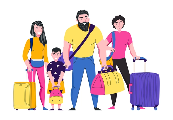 Hand luggage travel bags baggage composition with doodle characters of family members with suitcases vector illustration