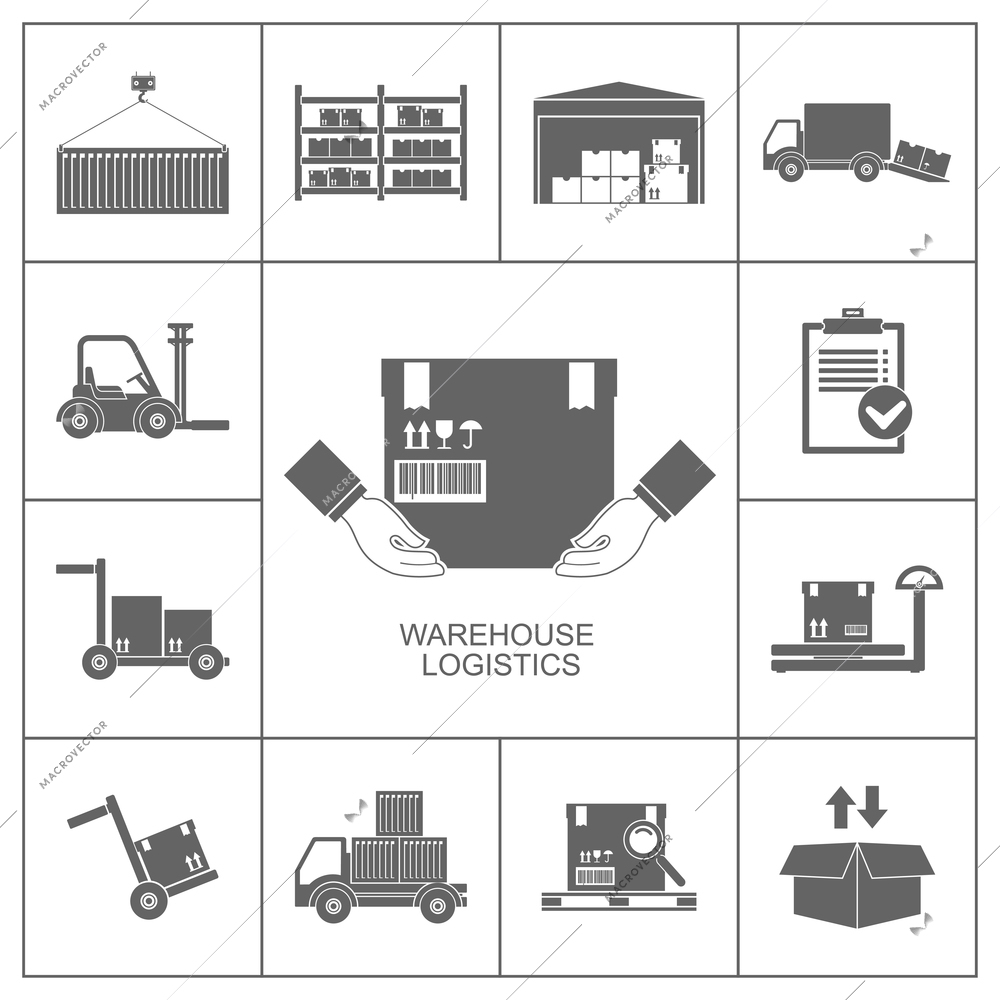 Warehouse set of storage and logistic black icons vector illustration