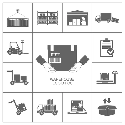 Warehouse set of storage and logistic black icons vector illustration