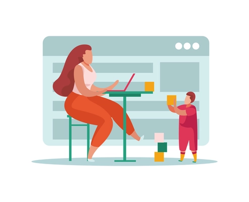 Advanced motherhood flat composition with characters of working mother and son playing with cubes vector illustration