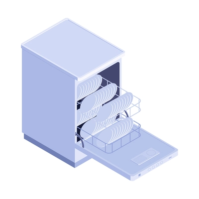 Isometric household appliances composition with isolated image of dish washing machine with plates vector illustration