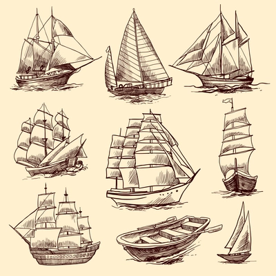 Sailing tall ships yachts and boat sketch decorative elements isolated vector illustration