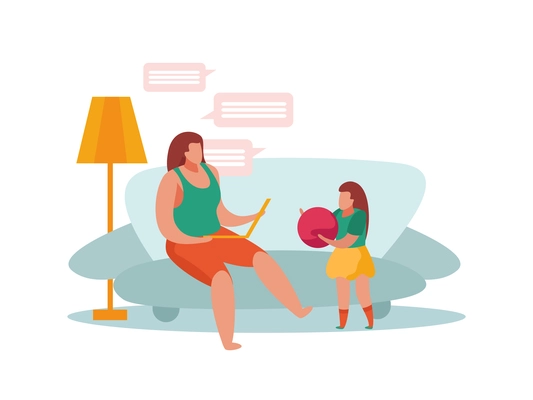 Advanced motherhood flat composition with characters of working mother and daughter holding ball vector illustration