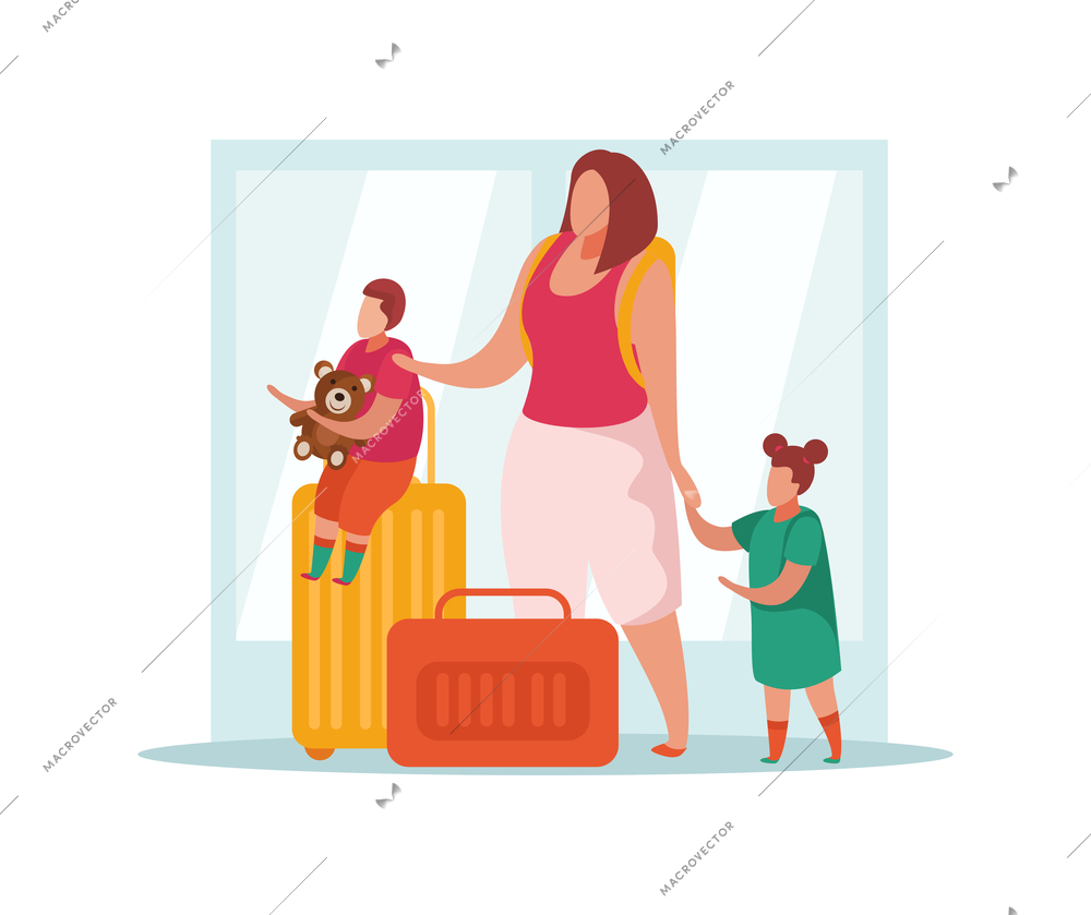 Advanced motherhood flat composition with characters of mother with two teenage kids and suitcases vector illustration