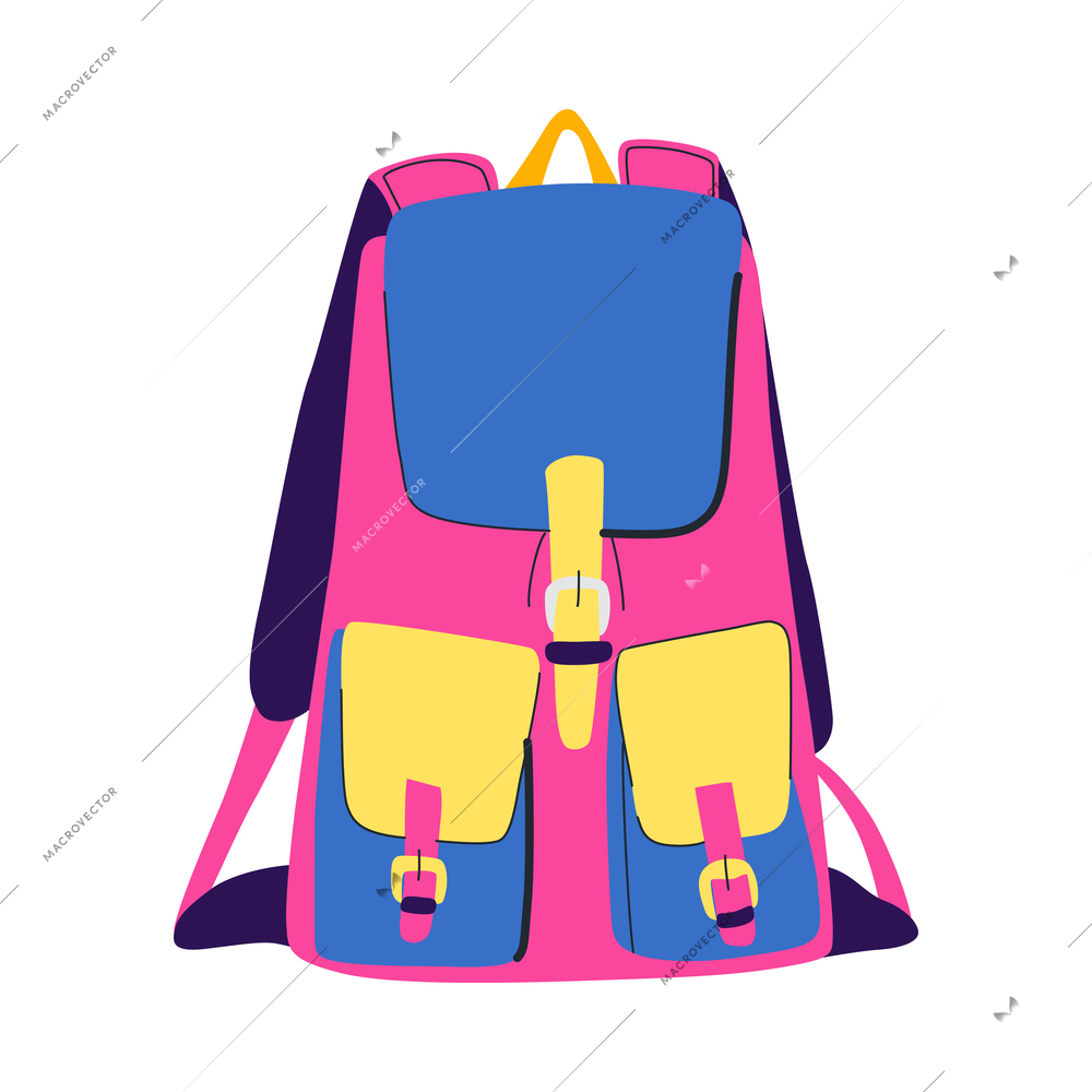 Hand luggage travel bags baggage composition with isolated image of colorful backpack vector illustration