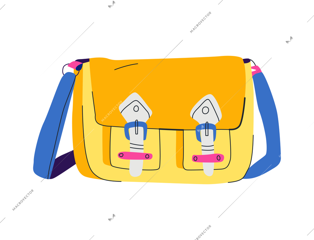 Hand luggage travel bags baggage composition with isolated image of colorful shoulder bag vector illustration