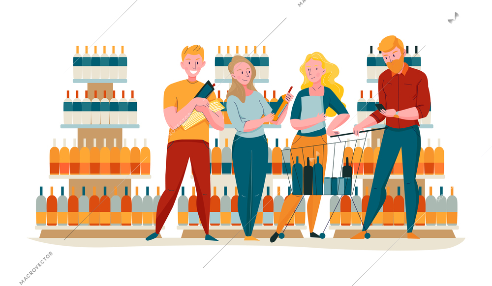 Supermarket composition with group of friends buying alcoholic drinks with buggy cart vector illustration