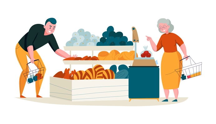 Supermarket composition with young man and elderly woman buying vegetables with baskets vector illustration