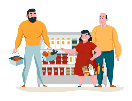 Supermarket composition with human characters of buyers standing at grocery fridge with baskets vector illustration