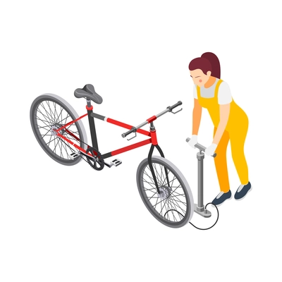 Bicycle service isometric composition with view of female repairman blowing up tube vector illustration