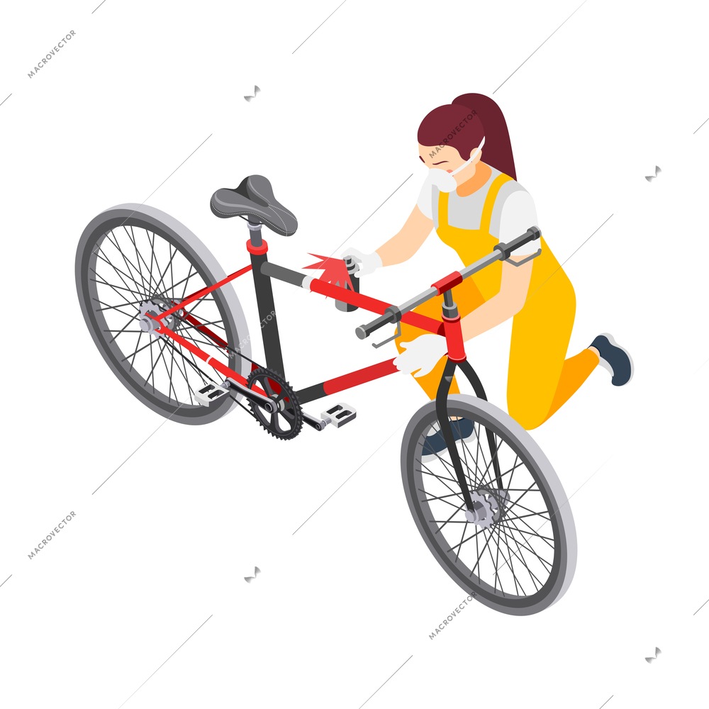 Bicycle service isometric composition with view of female repairman at work vector illustration