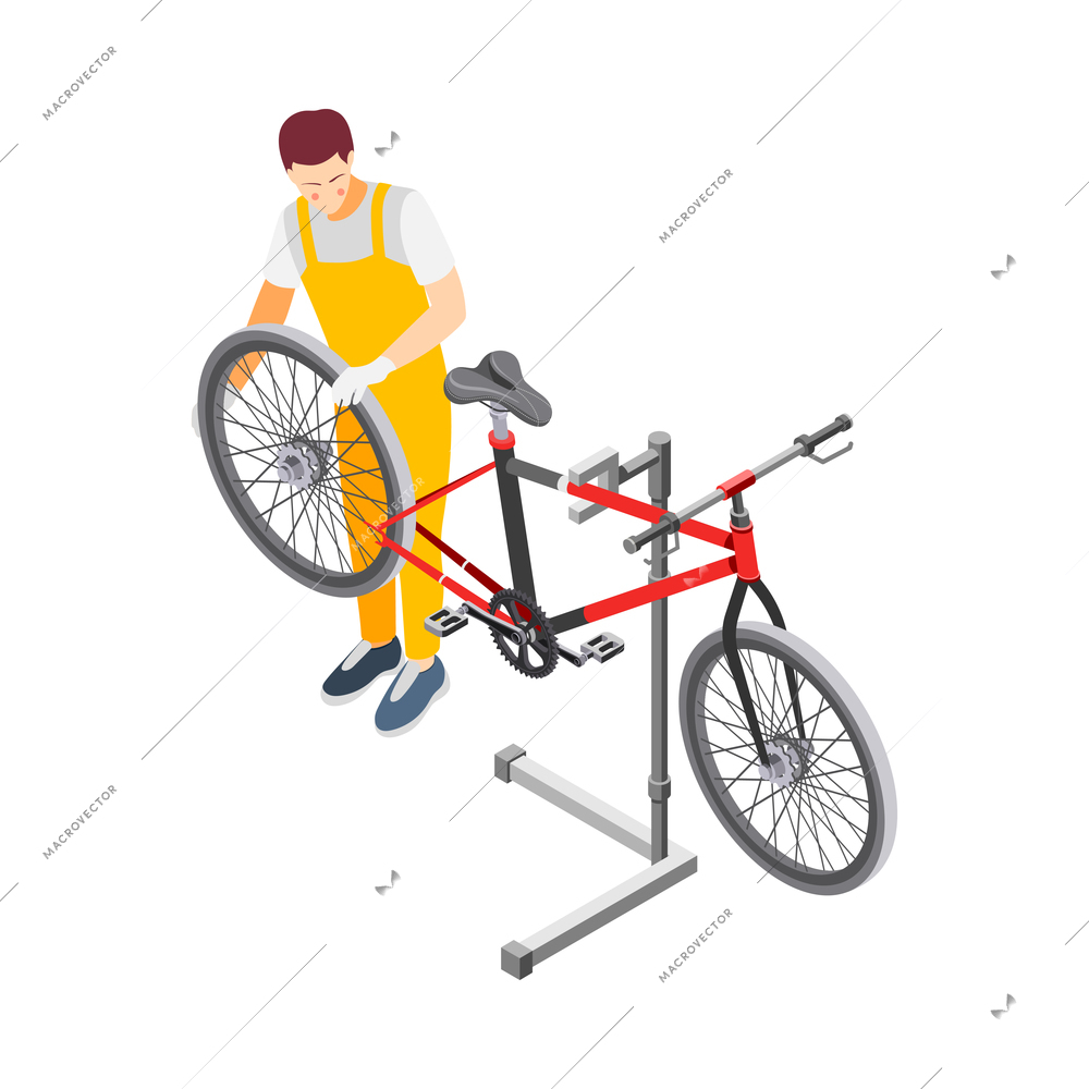 Bicycle repair male female mechanics service isometric set with tandem bike pump saddle wheels frame vector illustration