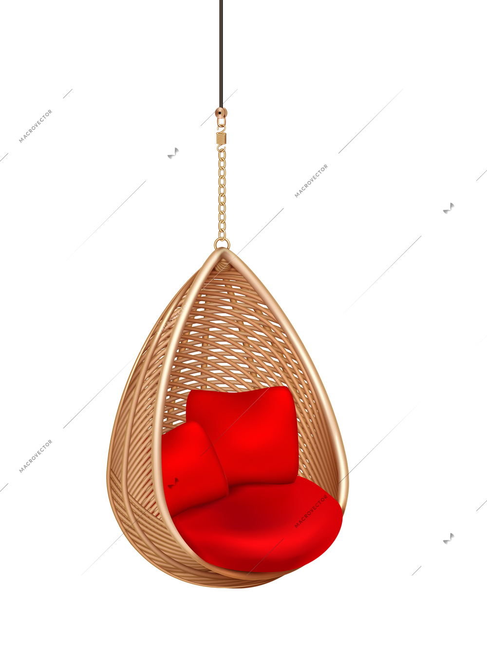 Wicker hanging swing chair composition with isolated image of modern lounge with soft pillows vector illustration