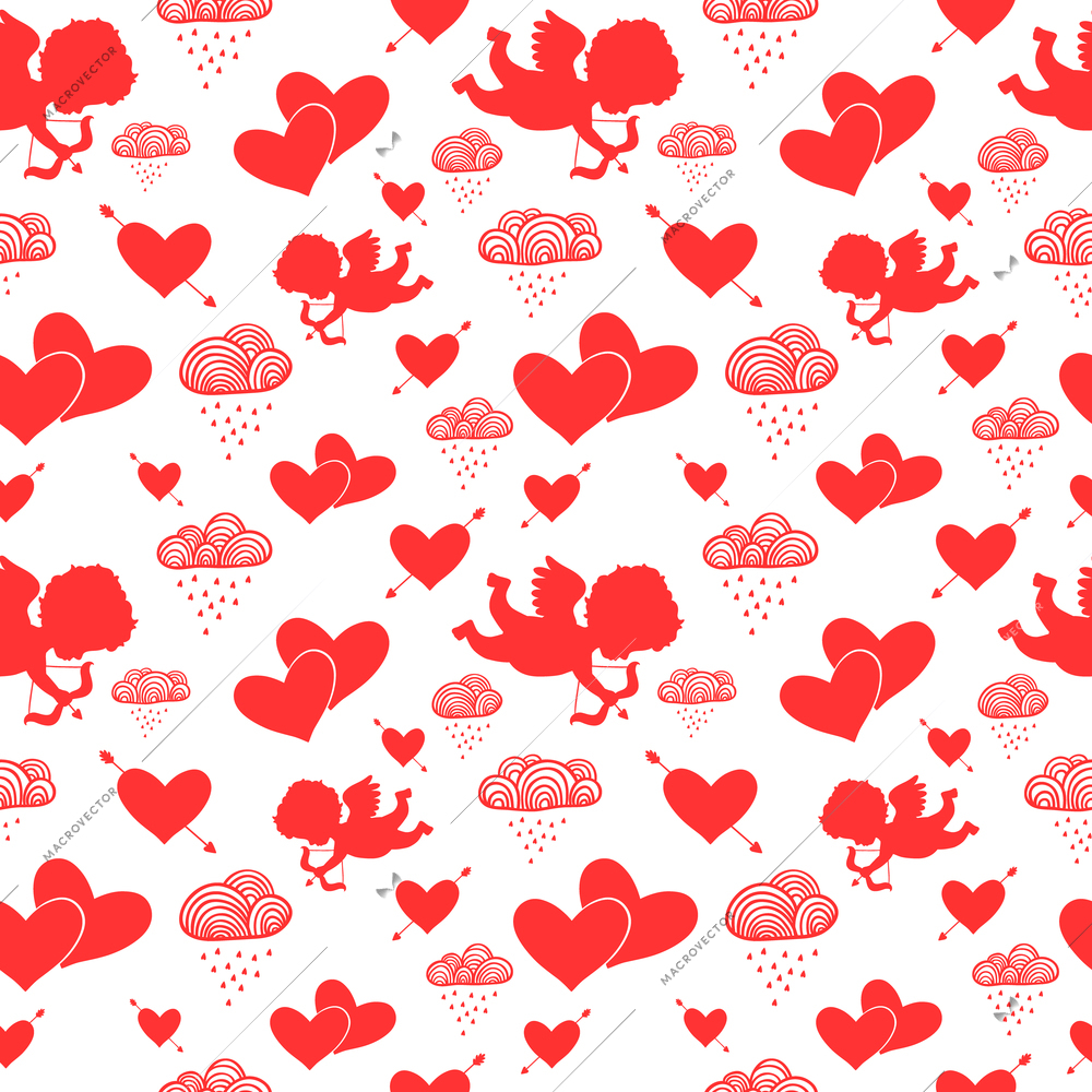 Love cupids hearts arrows and clouds seamless pattern vector illustration