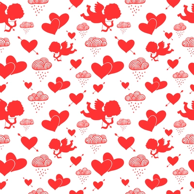 Love cupids hearts arrows and clouds seamless pattern vector illustration