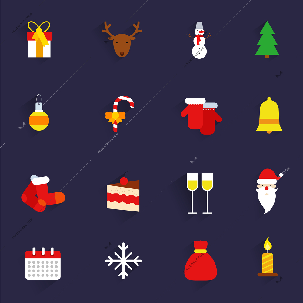 Christmas new year holiday gifts flat icons set isolated vector illustration