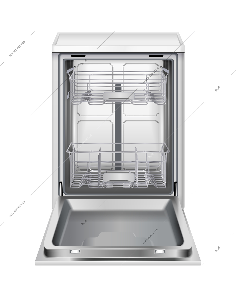 Dishwasher machine realistic composition with isolated view of dish washing apparatus with open lid vector illustration