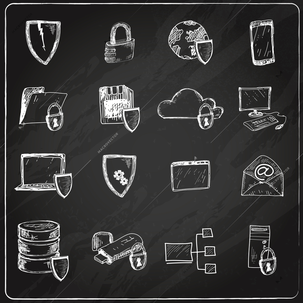 Computer data protection and secure database hosting chalkboard icons set isolated vector illustration