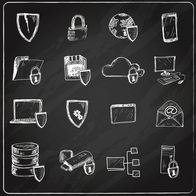 Computer data protection and secure database hosting chalkboard icons set isolated vector illustration