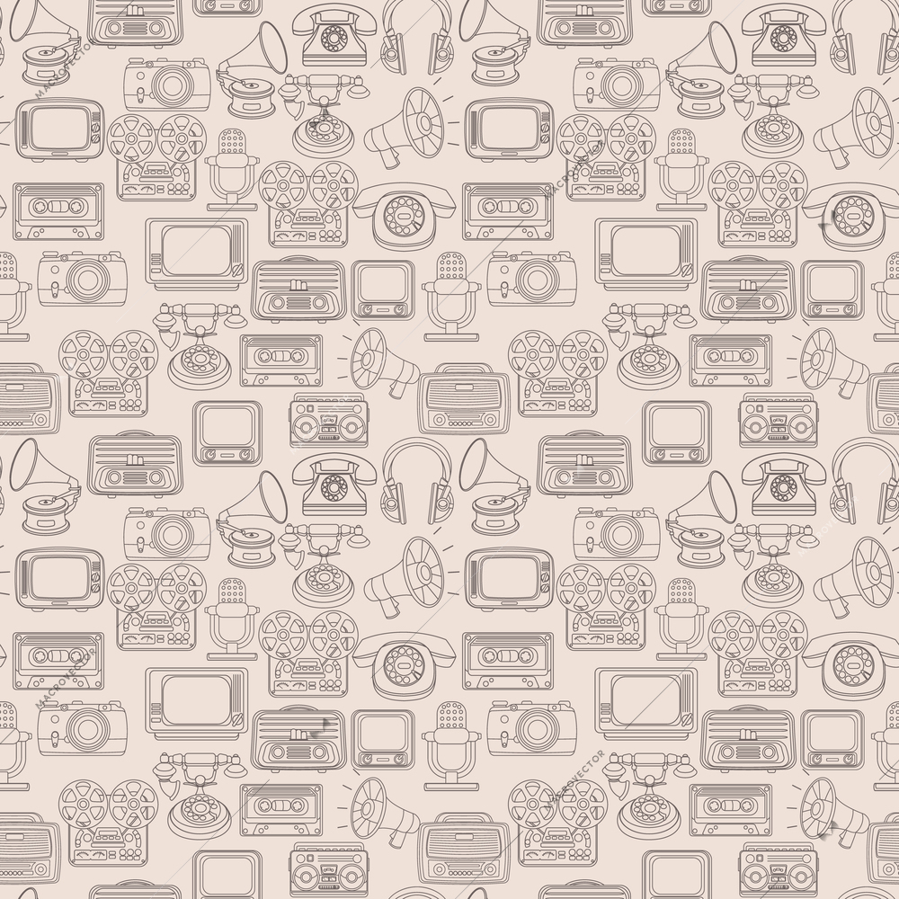 Vintage media gadgets outline seamless pattern with vintage technology devices vector illustration