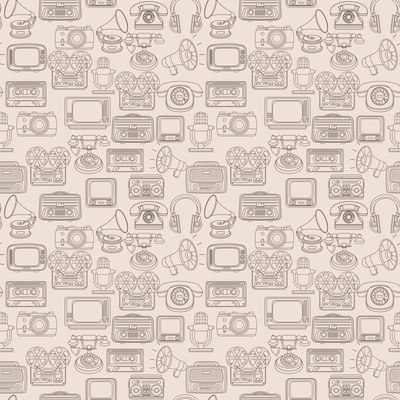 Vintage media gadgets outline seamless pattern with vintage technology devices vector illustration