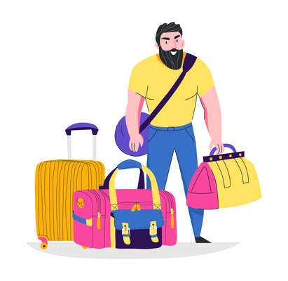 Hand luggage travel bags baggage composition with doodle character of strong man with multiple bags vector illustration