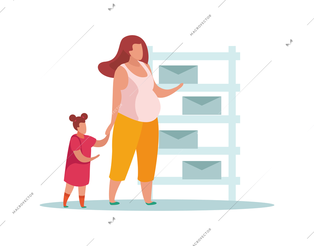 Advanced motherhood flat composition with characters of pregnant mother with daughter vector illustration