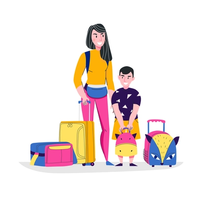 Hand luggage travel bags baggage composition with doodle characters of mother and son with suitcases vector illustration